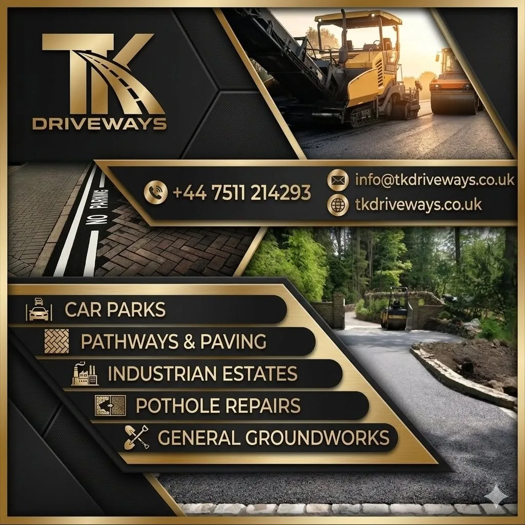 TK Driveways Scotland services board with contact details: car parks, pathways, industrial estates, pothole repairs and general groundworks